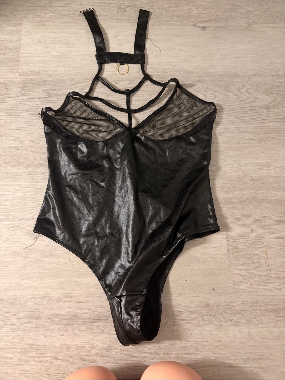 Black Faux Leather & Mesh Strappy Bodysuit